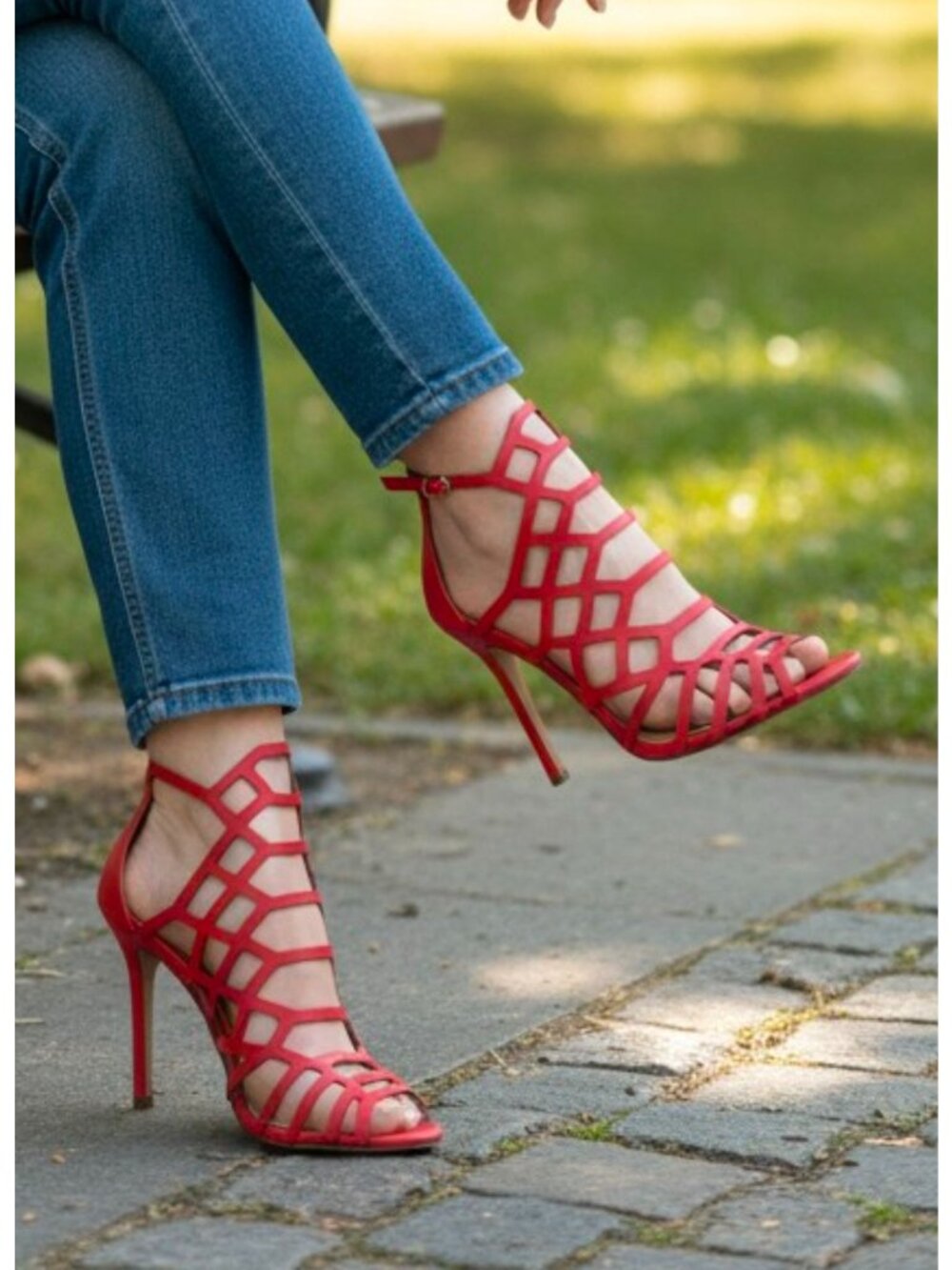 Red Strappy High Heeled Sandals With Cutout Design & Adjustable Buckle Chic Even